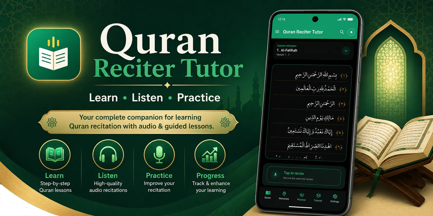 Quran Reciter Tutor app banner showing the Learn, Listen, Practice and Progress features beside a phone displaying Surah Al-Fatihah with a Tap to recite button