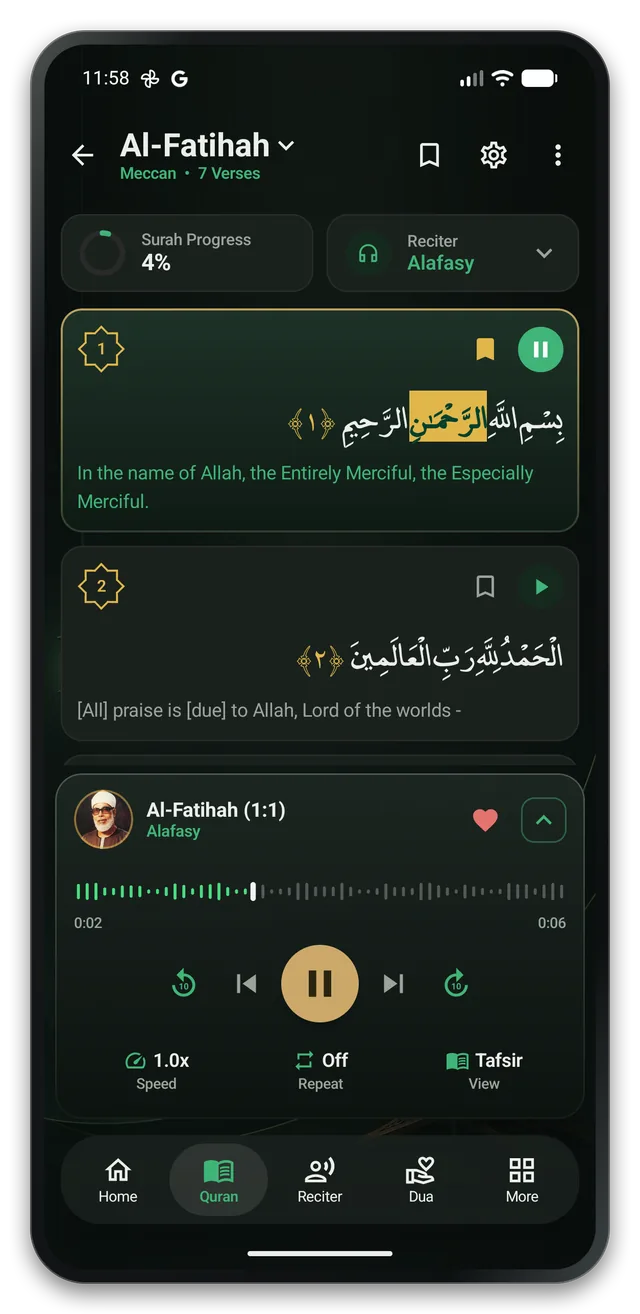 Surah Al-Fatihah in the Quran Reciter Tutor app with one word highlighted in time with reciter Alafasy, the English translation beneath it, and the player showing playback speed, repeat and Tafsir controls